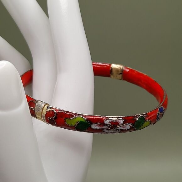 Vintage Asian Gold Trim Red Floral Cloisonné Hinged Bangle Bracelet, 7 1/4 Inch - Picture 5 of 10
